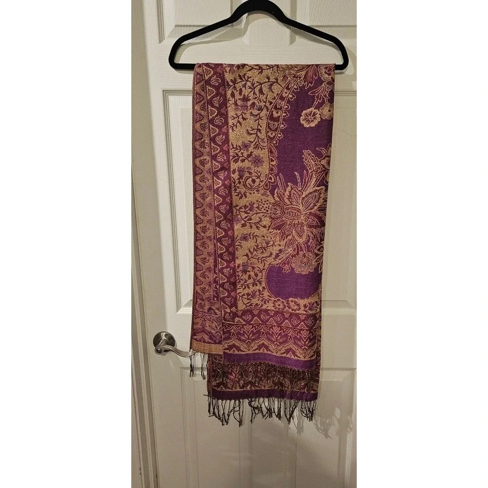 Pashmina 100% Pashmina‎ Shawl Wrap Scarf Purple Gold Metallic Fringe
